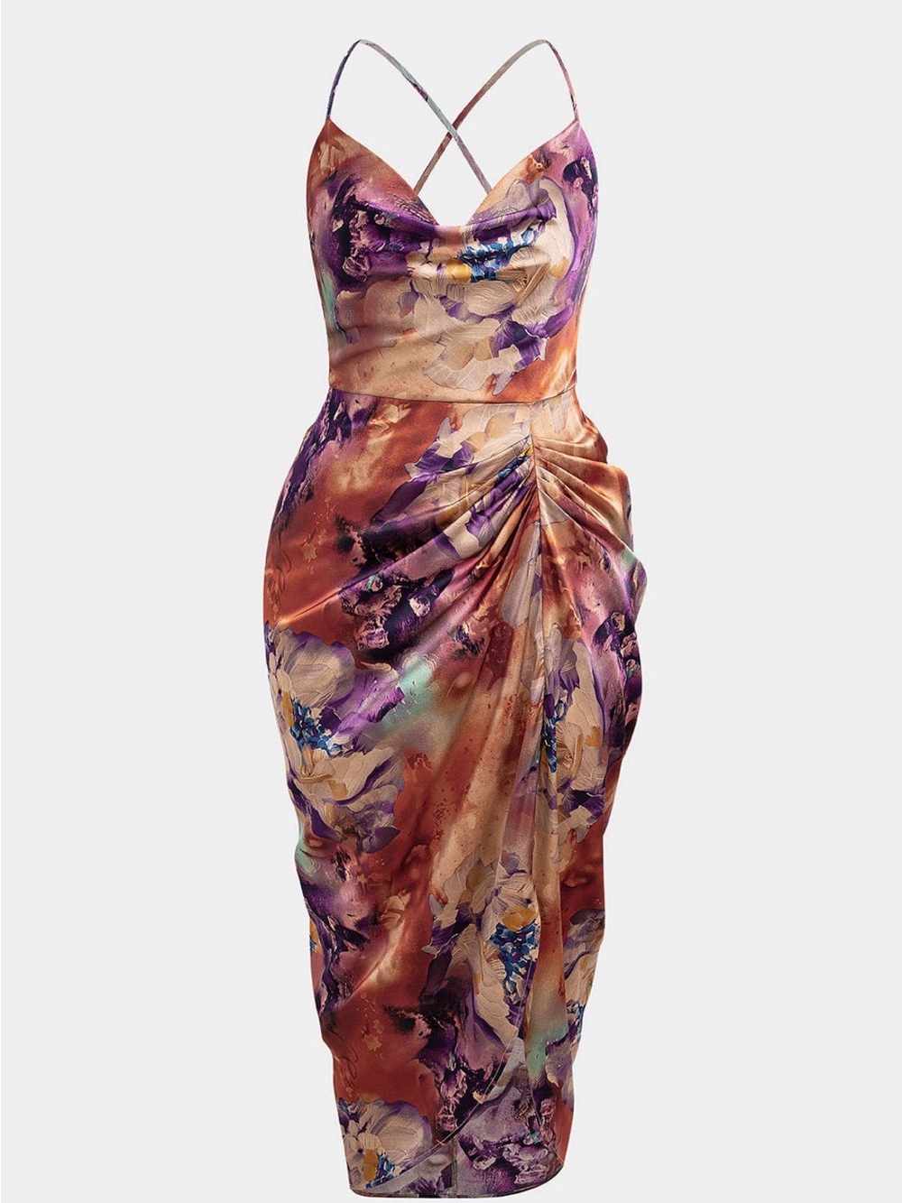 Floral Satin Ruched Midi Dress in Copper Floral